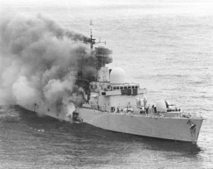 HMS Sheffield hit by Exocet Anti-Ship Missile from Argentine Air Force, April 2, 1982.